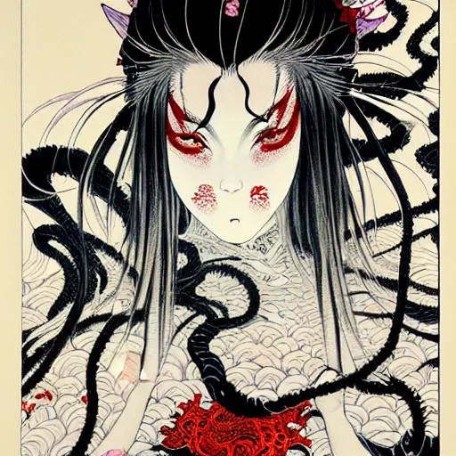 Prompt: prompt: Demon girl face painted in Hokusai style drawn by Vania Zouravliov and Takato Yamamoto, intricate oil painting, high detail, Neo-expressionism, post-modern gouache marks on the side, gnarly details soft light, white background, intricate detail, intricate ink painting detail, sharp high detail, manga and anime 2000