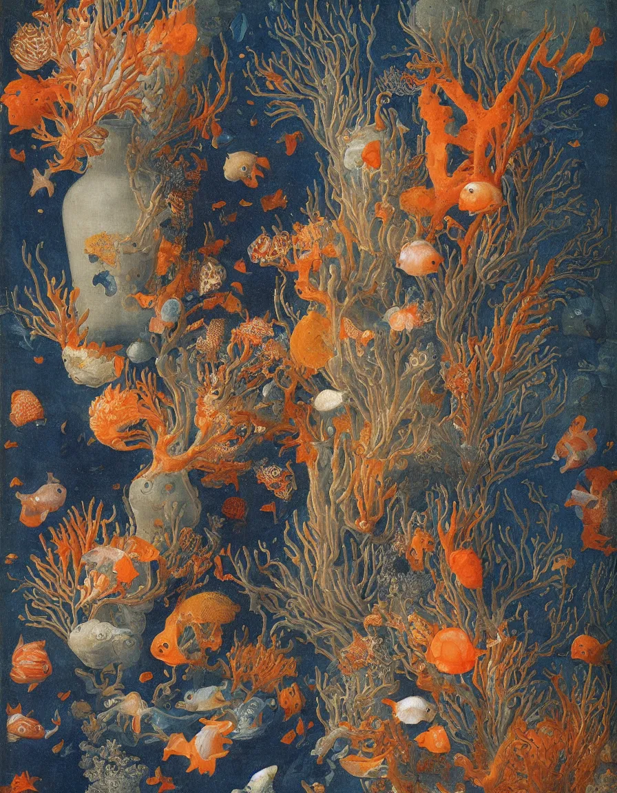 Image similar to bottle vase of coral under the sea decorated with a dense field of stylized scrolls that have opaque outlines enclosing mottled blue washes, with orange shells and purple fishes, Ambrosius Bosschaert the Elder, oil on canvas, hyperrealism, around the edges there are no objects