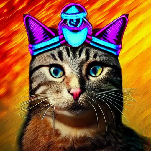 Image similar to “A cat wearing a pharaoh's headdress in an alley, synthwave digital art photorealistic”