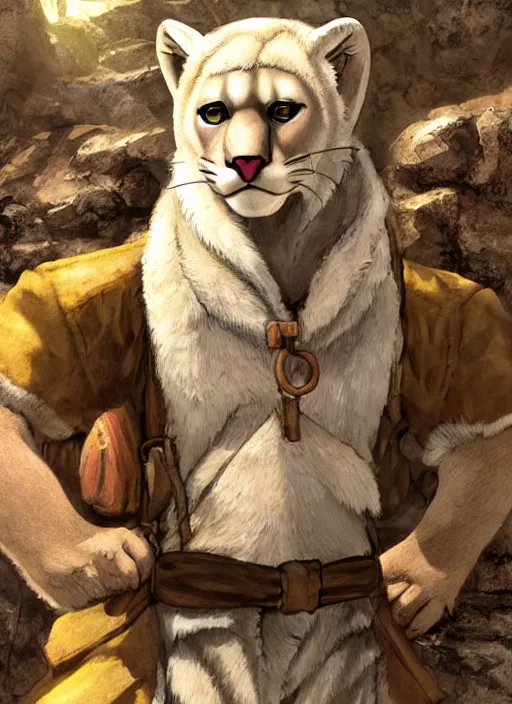 Image similar to character portrait of a anthro!!! albino mountain lion wearing miner's clothes at the mines. hidari, color page, tankoban, 4K, tone mapping, Akihiko Yoshida.