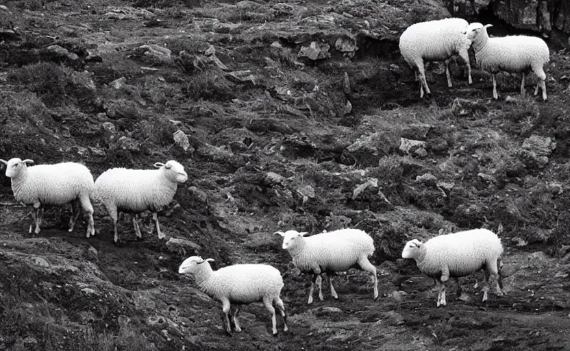 Image similar to “sheep, following other sheep, jumping off a cliff”