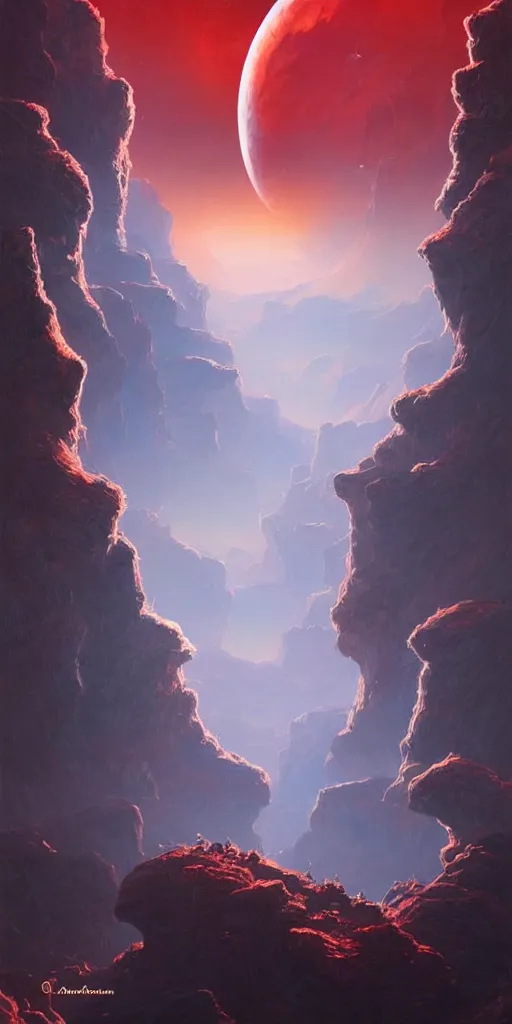 Image similar to Detailed landscape of moon crater, grand canyon, red rising planet, floating rocks, nebula sky, stunning atmosphere, in Style of Peter Mohrbacher, cinematic lighting