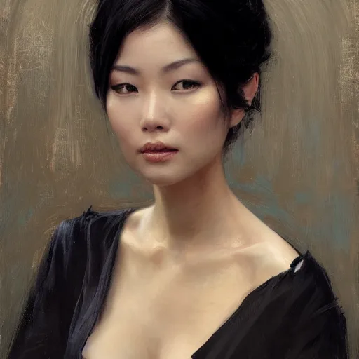 Prompt: detailed realistic cinematic wide shot of beautiful attractive hollow cheeks asian woman wearing black suit robe slim face symettrical face clean skin black eyes black robe smooth, sharp focus, ultra realistic, spring light, painting by gaston bussiere, craig mullins, j. c. leyendecker