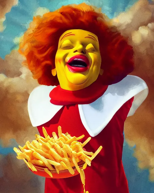 Image similar to ronald mcdonald as an angel ascending into the heavens with wings made entirely of french fries, cute chicken nuggets flying all around, sunbeams, clouds, digital painting