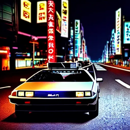 Image similar to a car Delorean in middle of road, shibuya prefecture, night city, cinematic color, photorealistic, highly detailed