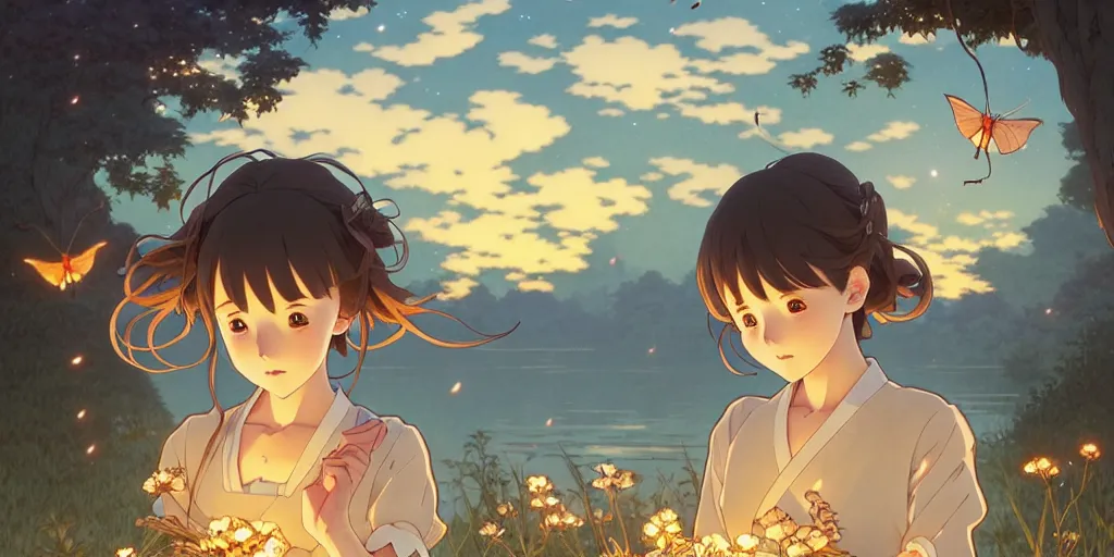 Image similar to the girl and the flying lanters. anime visual of a cozy village, by the lake at night, fireflies,. by hayao miyazaki and rossdraws and artgerm and greg rutkowski and alphonse mucha. anime production by studio ghibli. high quality, stunning, intricate detailed environment. 8 k