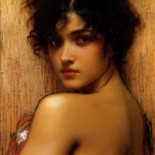 Image similar to orientalist painting of bangs, curly black hair woman with brown skin portrait by john william waterhouse and Edwin Longsden Long and Theodore Ralli and gaston bussiere. Cinematic, hyper realism, dramatic lighting, high detail 8k