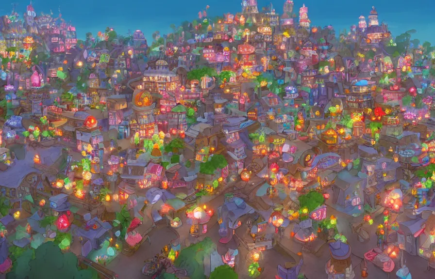 Image similar to town made of candy, artstation, ghibli studio, pixar, dreamworks, disney, epic composition, unreal engine, intricate details