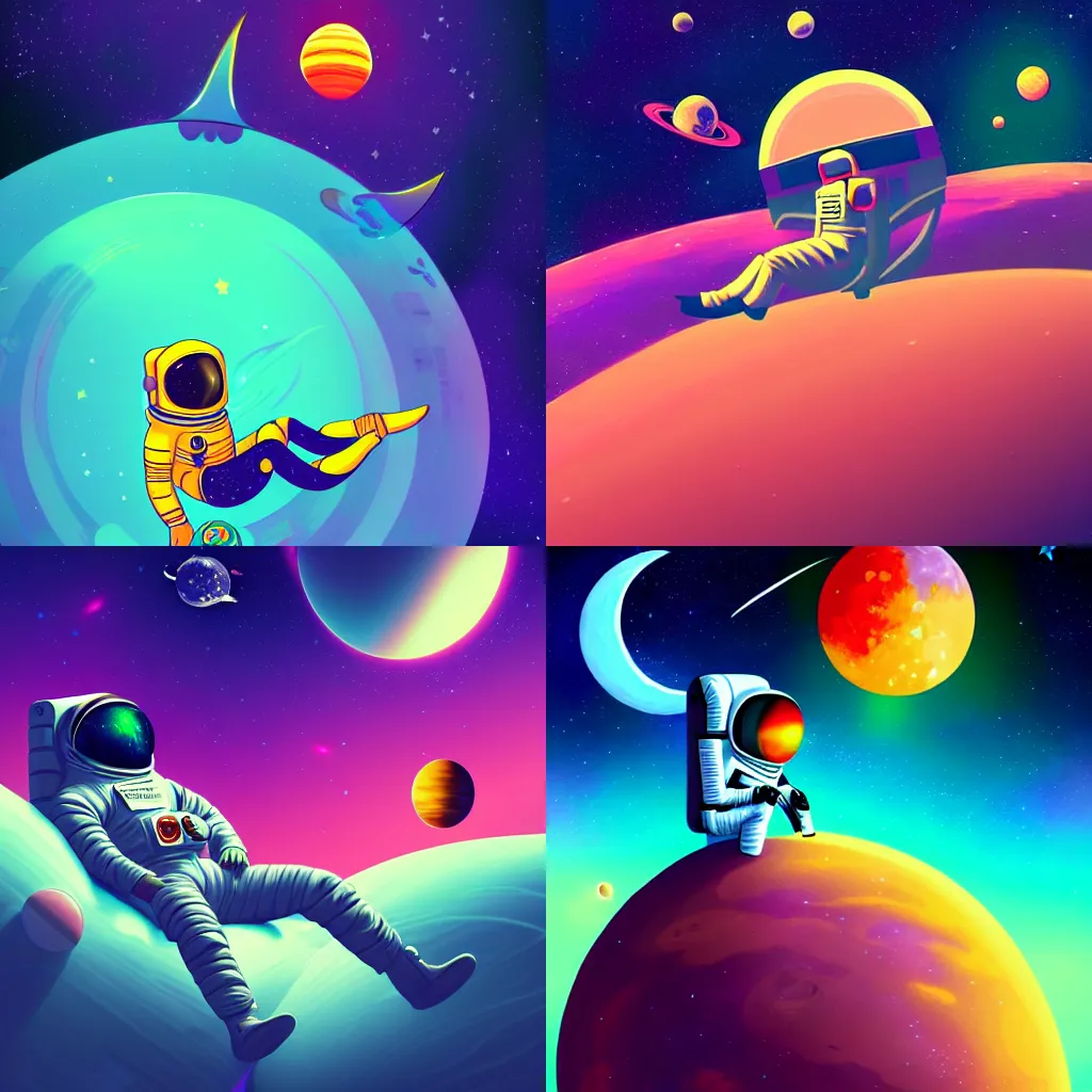 Prompt: an Astronaut lie relaxed on a crescent moon between the stars and the planets in outer space, psychedelic style, 4k, illustration, trending on artstation by David Nakayama and tyler edlin
