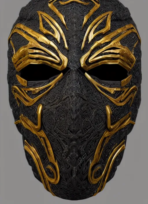 Prompt: armoured facemask, with intricate carving details in black and gold, ultra realistic, octane render, 8 k, hd, realistic lighting