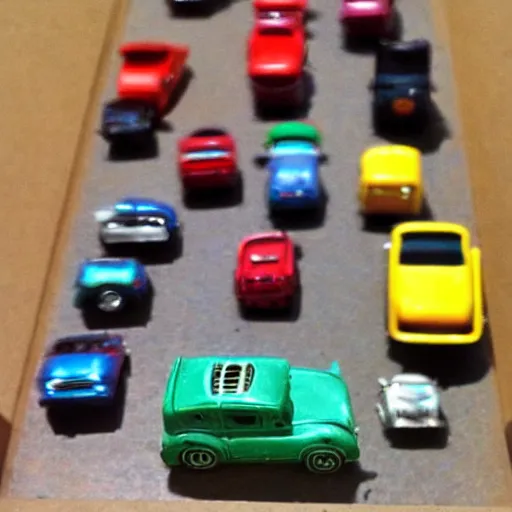 Prompt: a badly lit photo taken by an old phone of a box full of toy cars.