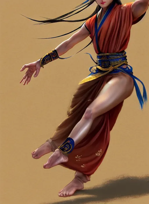 Image similar to a barefoot female dancer using a silk belt as weapon, wuxia, xianxia, barefoot, tanned skin, athletic, vivacious, absurdly beautiful, hanfu, fully clothed, chinese ribbon dance, silk belt, scorpion whip, detailed, realistic, anatomically accurate, in the style of wlop on artstation, wang liang.