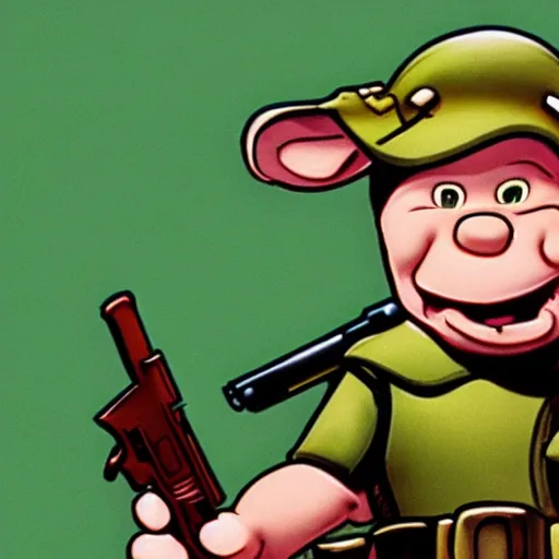 Image similar to Elmer Fudd from Loony Tunes in Doom, wearing green armor and helmet, killing demons, rip and tear, video game