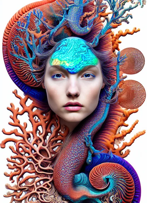 Prompt: ridiculously beautiful young womans face in full color, layers of intricate swirling dimensions, coral, sea dragons, symmetrical, in the style of ernst haeckel, effervescent, sacred geometry, surrealism, photo realistic, epic and cinematic, 3 d, clear, sharp,