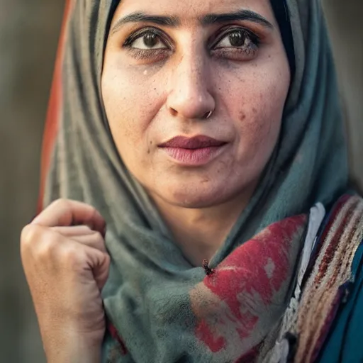 Image similar to a character portrait photo of an iranian woman, wide shot, hopeful, photojournalism, war photography, adobe, canon, nikon, flickr contest winner, neo-expressionism, art photography, industrial background, hyperrealism, chiaroscuro, anamorphic lens flare, elegant, shallow depth of field, haze, volumetric lighting, photo taken with provia, 24mm, f1.8, by Filip Hodas, by Andrew Domachowski