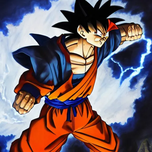 Prompt: an oil painting of a goku wearing a hip - hop rap hat drawn by frank frazetta, hd, hdr, ue 5, ue 6, unreal engine 5, 3 d, cinematic 4 k wallpaper, 8 k, ultra detailed, high resolution, artstation, award - winning pencil drawing