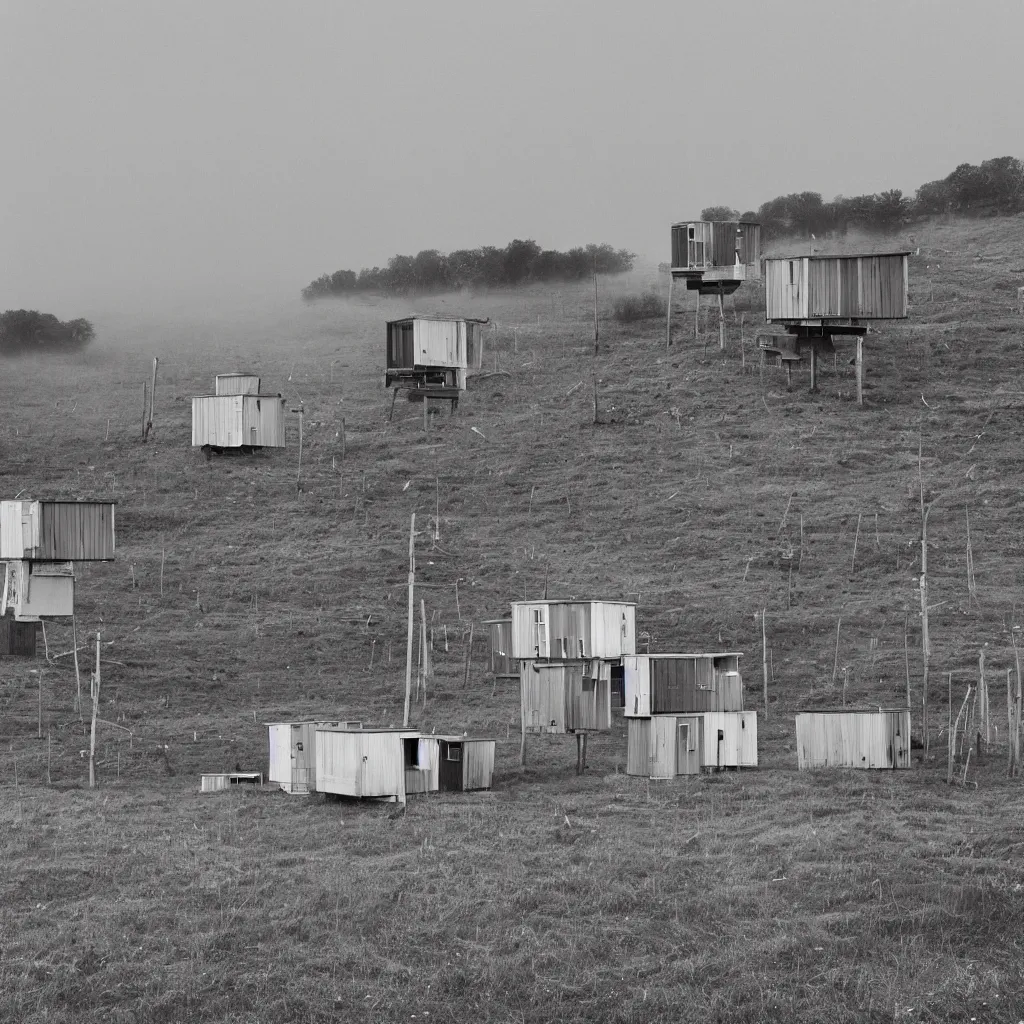 Prompt: two suspended towers made up of colourful makeshift squatter shacks, plain uniform sky at the back, misty, mamiya rb 6 7, ultra sharp, very detailed, photographed by uta barth