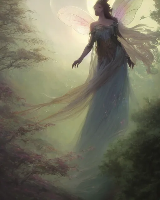 Image similar to a portrait of beautiful fairy goddness fly high in the night, d & d, fantasy, mist, full moon in background, trees, hyper detailed,, midium shot, an oil painting by ruan jia, trending on artstation, concept art, sharp focus, illustration, gaston bussiere, craig mullins, j. c. leyendecker, beautiful lighting