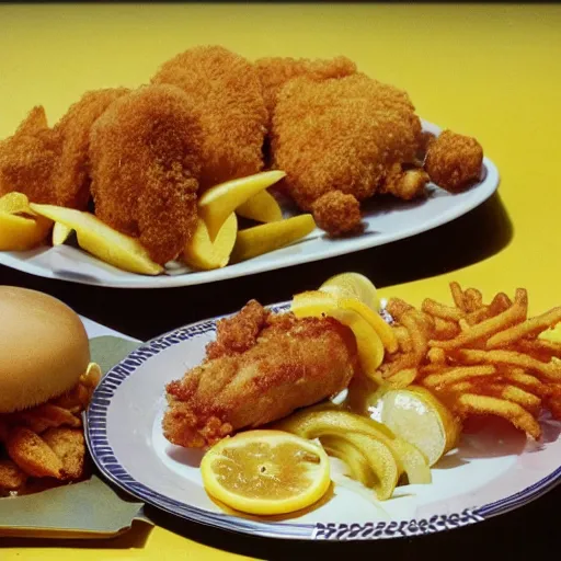 Prompt: 1980s Fast Food commercial photograph of a dish made with lemons, crispy chicken, fried pickles and jalepenos, Lemon sauce dripping over it