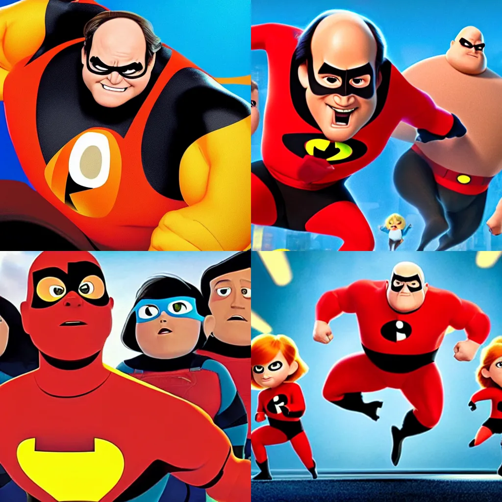 Prompt: Danny Devito as a superhero in the Incredibles 3 by Pixar