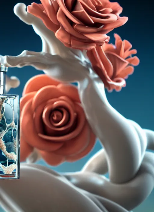 Image similar to biomechanical corals, daisies, roses in sea foam water, well contoured smooth fair walls with marble statue, carrying a bottle of perfume, up close shot, sharp focus, global illumination, radiant light, alexandre ferra white mecha, irakli nadar, octane highly render, 4 k, ultra hd,