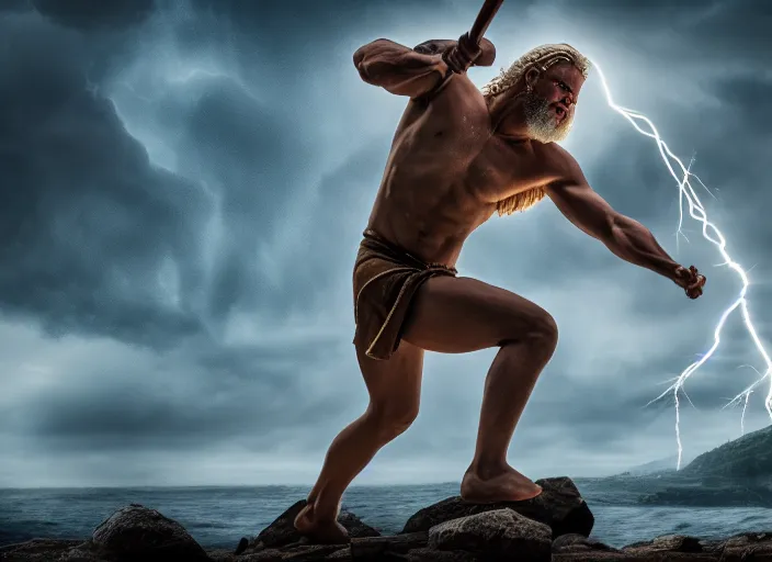 Image similar to photo of zeus throwing lightning spear at chronos. mythology style. highly detailed 8 k. intricate. lifelike. soft light. sony a 7 r iv 5 5 mm. [ cinematic post - processing ].