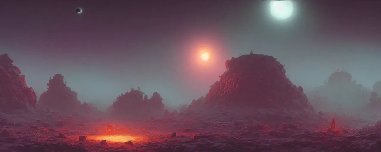 Image similar to ” outer planet with thick fog and alien artefacts, [ cinematic, detailed, epic, widescreen, opening, establishing, mattepainting, photorealistic, realistic textures, octane render, art by paul lehr ] ”