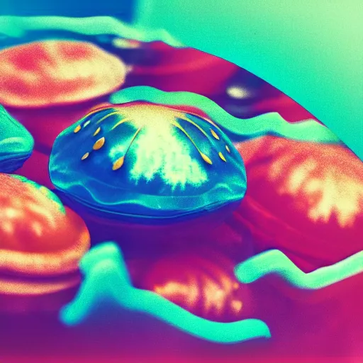 Image similar to hamburger mix jellyfish, cg, 8 k, surrealistic, sharp focus, style by andy warhol