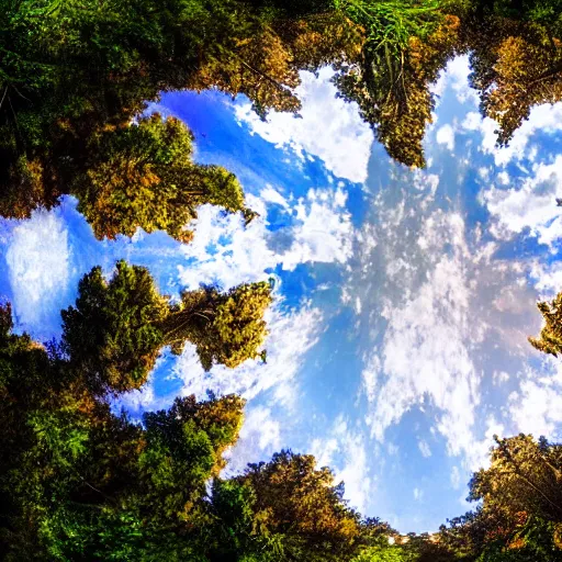 Image similar to looking up at the tops of trees in a forest, an ultrafine detailed painting by jon coffelt, shutterstock contest winner, generative art, multiple exposure, fisheye lens, high dynamic range