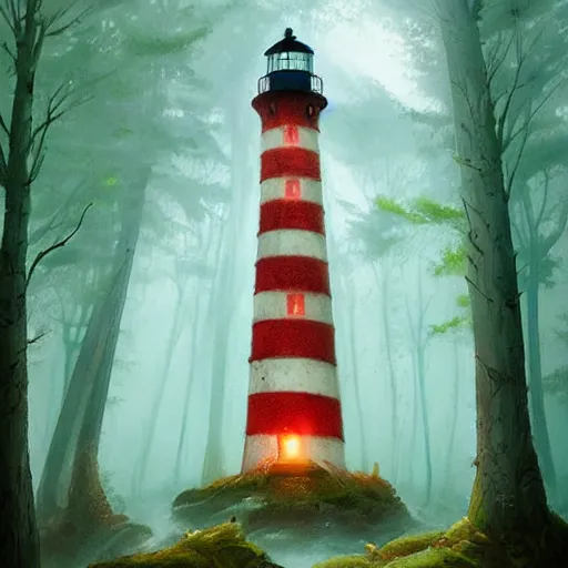 Image similar to a magical lighthouse in the middle of the woods, magical forest, by Jordan Grimmer and greg rutkowski, crisp lines and color,