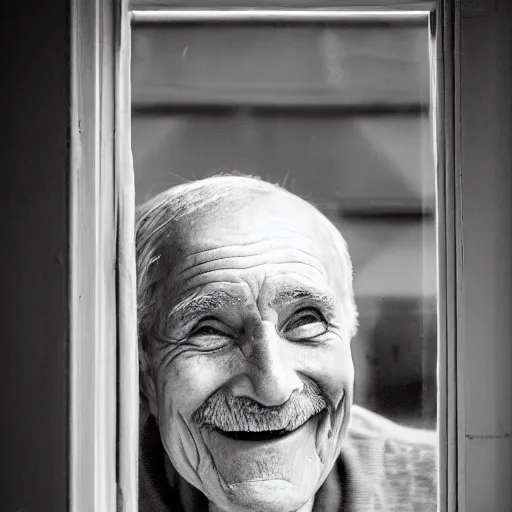 Image similar to an smiling old man seen through a distant window