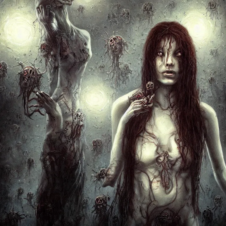 Image similar to a painting of a girl surrounded by zombies, an oil painting by seb mckinnon, featured on deviantart, gothic art, cosmic horror, flickering light, nightmare