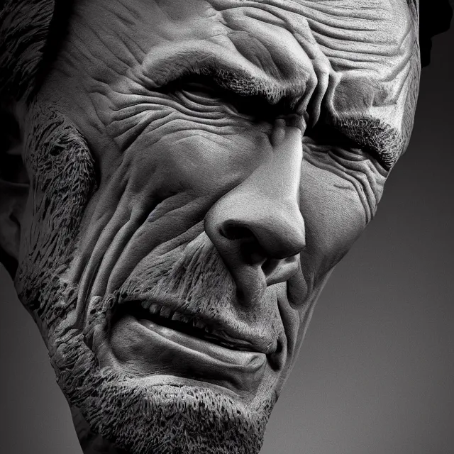 Prompt: photography of a bust of Clint Eastwood made of clay by Sebastian Kruger and Michelangelo, 50mm, studio atmosphere, 8K, rim light, octane render, ultra-realistic