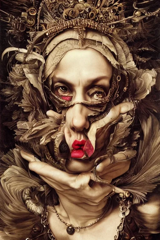 Image similar to Detailed maximalist portrait with large lips and with large white eyes, angry expression, HD mixed media, 3D collage, highly detailed and intricate surrealism, illustration in the style of Caravaggio, dark art, baroque