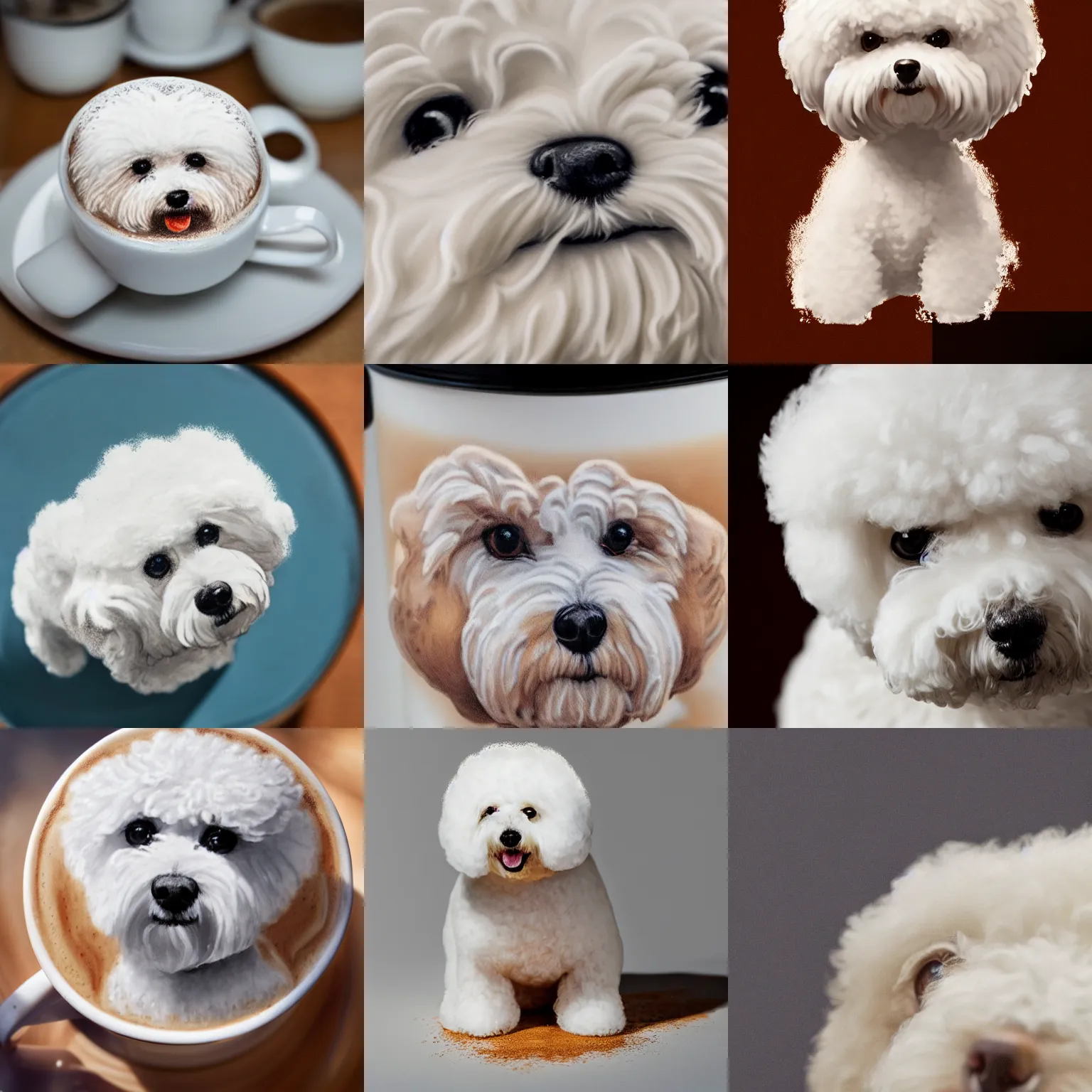 Prompt: a closeup photorealistic photograph of bichon frise drawn as latte art. professional capture, well lit shot. this 4 k hd image is trending on artstation, featured on behance, well - rendered, extra crisp, features intricate detail, epic composition and the style of unreal engine.