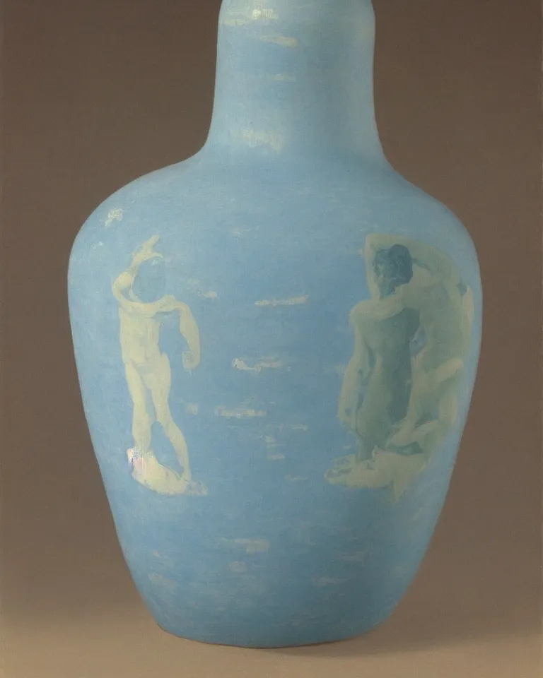 Prompt: achingly beautiful print of solitary painted ancient greek amphora on baby blue background by rene magritte, monet, and turner. sculpted.