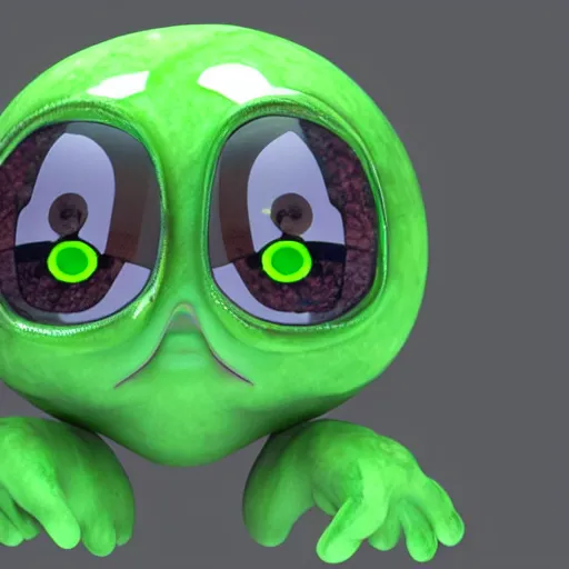 Image similar to 3 d octane render of a chibi transparent green slimeball character with eyes