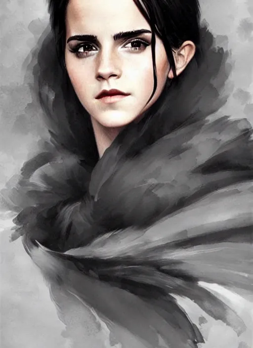 Image similar to emma watson with very short black hair and a huge cloak made of black raven feathers. beautiful highly detailed face. beautiful painting by artgerm and greg rutkowski and raymond swanland