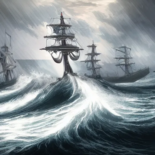 Prompt: A large ship sailing through stormy seas, with waves crashing against its sides, illustration, epic, fantasy, hyper detailed, smooth, unreal engine, sharp focus, trending on artstation