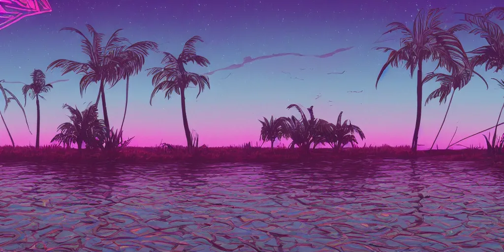 Prompt: A Background of a synthwave marsh environment