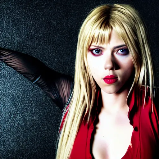 Image similar to scarlett johansson modeling as misa amane from death note, professional photograph, 8 k