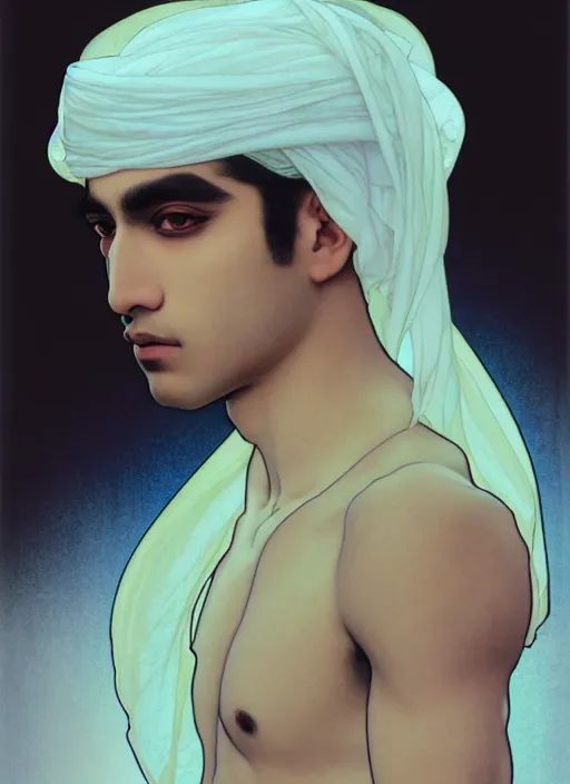 Image similar to beautiful medium shot portrait of a young arabic man inspired by ayami kojima with short hair dressed with a white t - shirt looking into the camera from three - quarters, white background white bank studio light, art by yoshitaka amano, alfons mucha and shingo tamagawa, 8 k