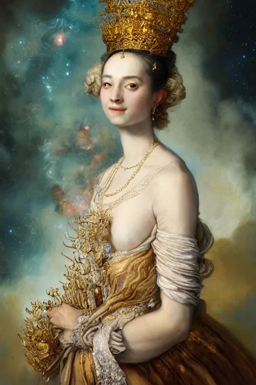 Prompt: breathtaking detailed soft painting of the night queen of mozart with a golden headpiece, gauze dress draped of fireflies and constellations and nebulae in the background, rembrandt style, elegant, highly detailed, artstation, concept art, matte, sharp focus, art by tom bagshaw, casimir art, kelogsloops and greg rutkowski