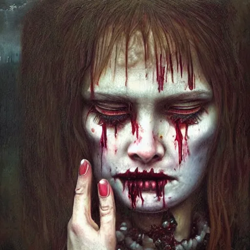 Image similar to a hyperrealistic painting of a beautiful gothic princess crying tears of blood, by Andrea Kowch, vivid color, highly detailed,