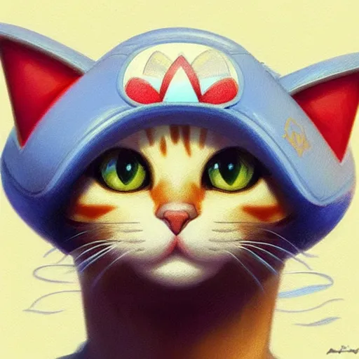 Prompt: Portrait of a Cat wearing a Mario hat, kawaii aesthetic, nintendo, highly detailed, digital painting, artstation, concept art, smooth, sharp focus, illustration, art by artgerm and greg rutkowski and alphonse mucha