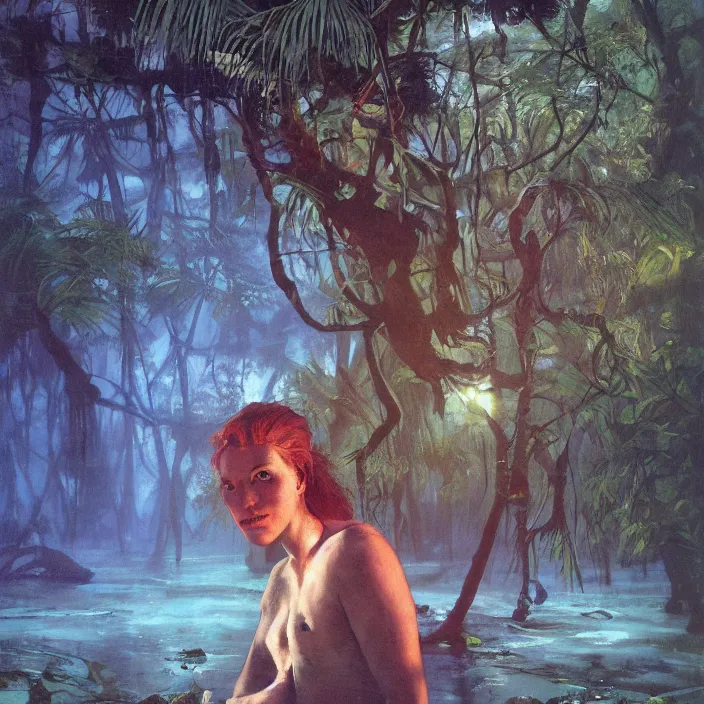 Image similar to portrait of a leshi on a shore jungle, cinematic light, looking to the side off camera, backlight glow, teal orange, mist, by mikhail vrubel, by ( alex andreev ), by peter elson, by gerald brom, muted colors, extreme detail, trending on artstation, 8 k