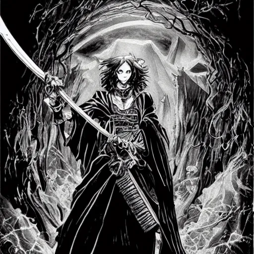 Image similar to pen and ink!!!! attractive 22 year old DnD mage Gantz monochrome!!!! Frank Zappa x Daniel Radcliff highly detailed manga Vagabond!!!! telepathic floating magic swordsman!!!! glides through a beautiful!!!!!!! battlefield magic the gathering dramatic esoteric!!!!!! pen and ink!!!!! illustrated in high detail!!!!!!!! graphic novel!!!!!!!!! by Hiroya Oku!!!!!!!!! MTG!!! award winning!!!! full closeup portrait!!!!! action manga panel