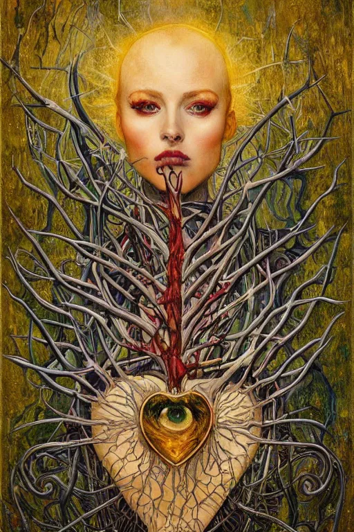 Image similar to Heart of Thorns by Karol Bak, Jean Deville, Gustav Klimt, and Vincent Van Gogh, anatomical heart, anatomically-correct sacred heart, Surreality, otherworldly, infernal enigma, Helliquary, fractal structures, celestial, arcane, ornate gilded medieval icon, third eye, spirals, dramatic sharp thorns, rich deep moody colors