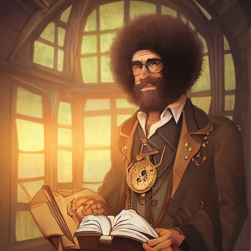 Prompt: a full shot of a steampunk Bob Ross with a black bob hair style holding a stack of books, standing in a steampunk reading room. in a steampunk reading room. digital illustration, soft lighting lighting, 8K, anime, trending on ArtStation, digital art. @MarioManiacDude