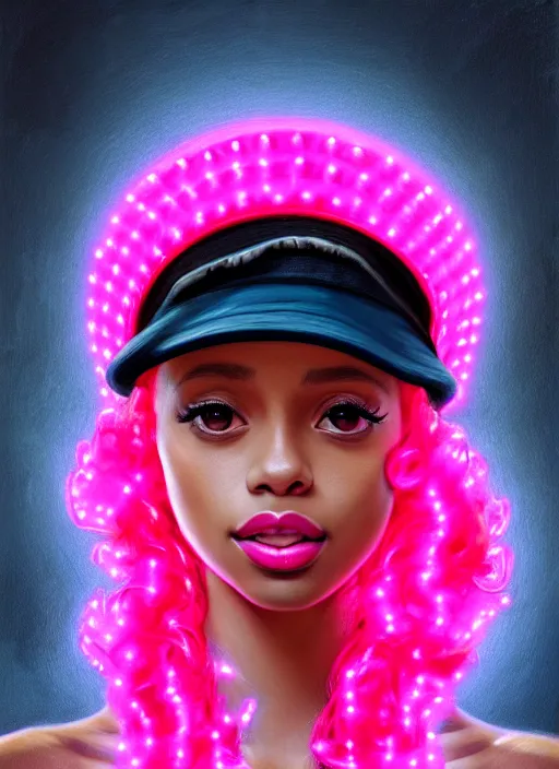 Image similar to portrait of young vanessa morgan with bright pink hair, black girl, vanessa morgan, curly pixie cut hair, wearing newsboy cap, newsboy cap, hoop earrings, intricate, elegant, glowing lights, highly detailed, digital painting, artstation, concept art, smooth, sharp focus, illustration, art by wlop, mars ravelo and greg rutkowski